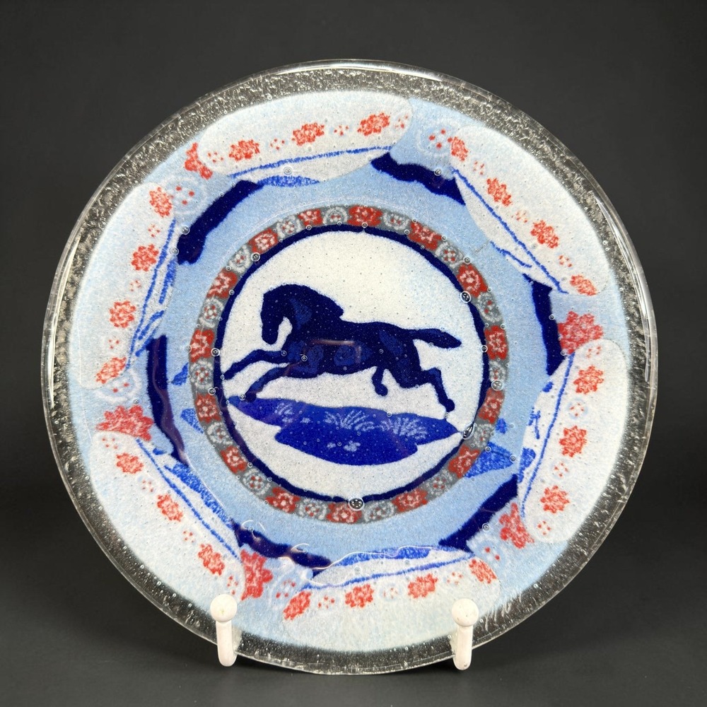 Peggy Karr 2004 Fused Glass Blue Galloping Horse 7.5 Inch Decorative Plate